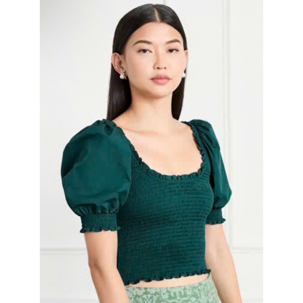 Hill House Green Smocked Puff Sleeve Top XL Emerald 100% Cotton Festive Holiday